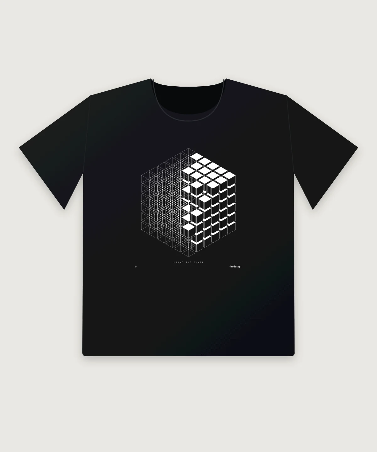 Black tee printed in white with an isometric block of cubes, wireframe on the left becoming solid on the right, captioned PROVE THE SHAPE.