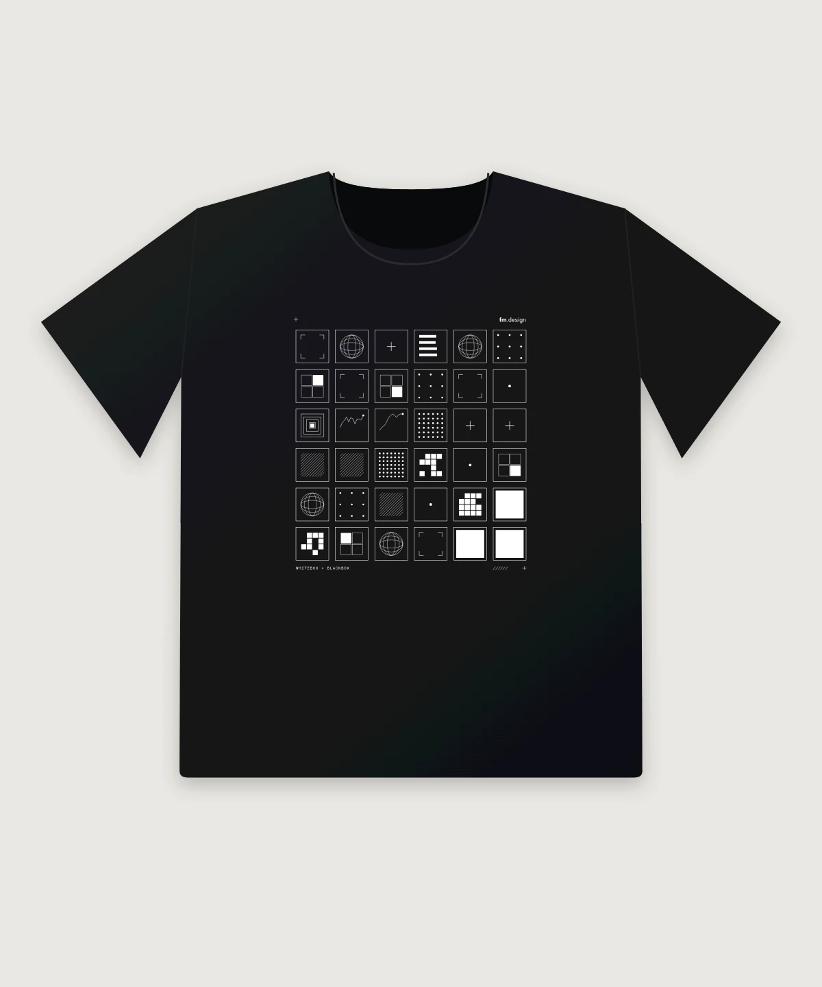 Black tee printed in white with a six by six grid of dashboard squares that grow denser to the lower right, captioned WHITEBOX > BLACKBOX.