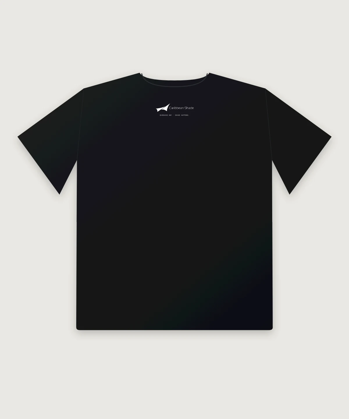 The back of the tee: the Caribbean Shade logo with BARBADOS 001 · SHADE HAPPENS.