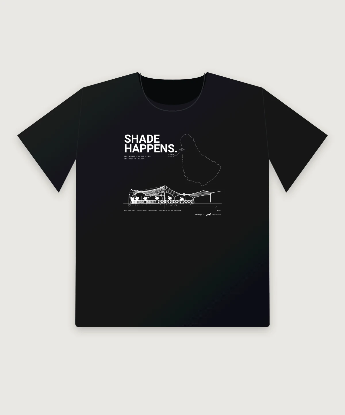 Black tee printed in white: SHADE HAPPENS. ENGINEERED FOR THE LIME, DESIGNED TO DELIGHT. above a line elevation of the West Coast Café shade canopy, an outline of Barbados with the site marked, and the Caribbean Shade logo.