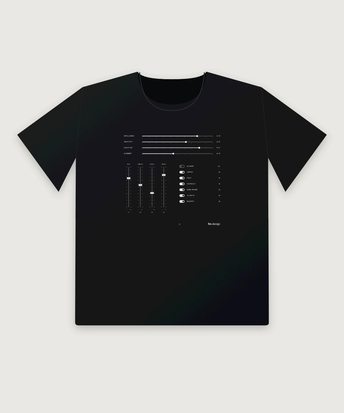 Black tee printed in white with four horizontal sliders, four vertical faders and seven toggles, autonomy off and receipts on.